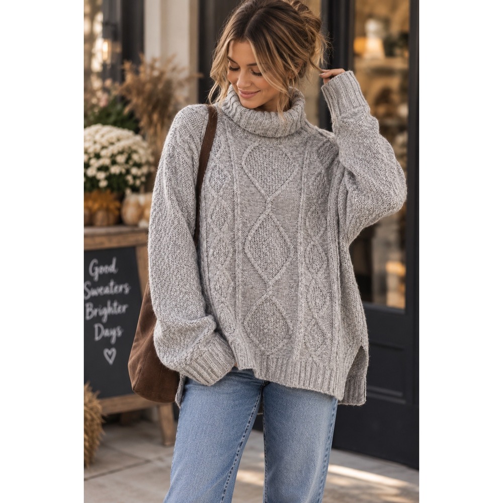 Aerie Womens Grey Cable Knit Turtleneck Sweater Oversized Wool Blend Large